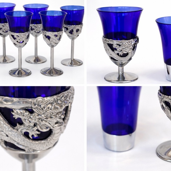 Vintage Nikko Japan Cobalt Blue Cordial / Saki Glasses Set of 6 Dragon Base - Picture 4 of 5